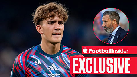 Football Insider exclusive as Arsenal starlet Max Dowman stares towards Rangers manager Derek McInnes, who watches from a circular inset.