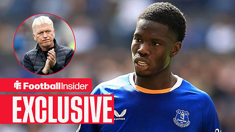 Football Insider exclusive as Everton striker Thierno Barry is in action, while manager David Moyes applauds in a circular inset.