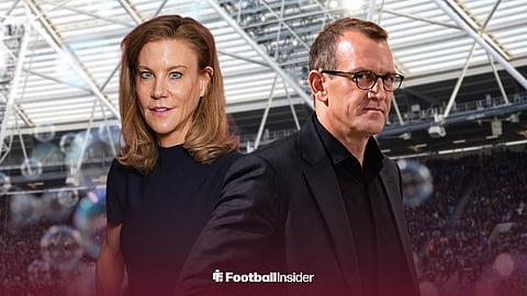 Amanda Staveley standing next to West Ham majority owner Daniel Kretinsky at the London Stadium