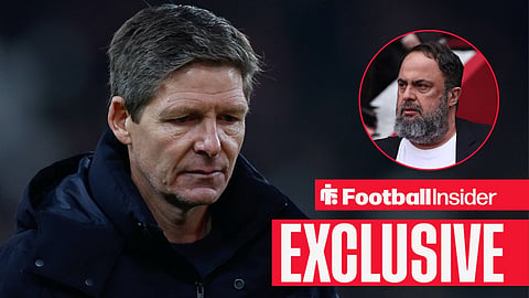 Football Insider exclusive as Nottingham Forest manager Oliver Glasner stares at the floor, while owner Evangelos Marinakis watches from a circular inset.