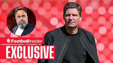 Football Insider exclusive as Nottingham Forest manager Oliver Glasner stares towards owner Evangelos Marinakis, who watches from a circular inset.