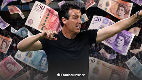 Unai Emery shouting instructions from the sidelines at Villa Park, surrounded by falling money