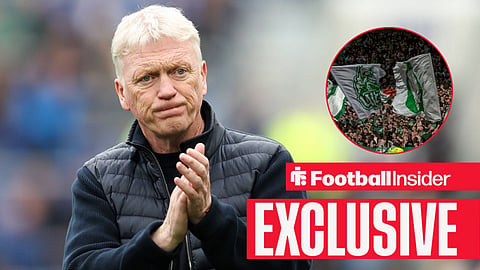Football Insider exclusive as Everton manager David Moyes applauds, while the Celtic fans wave flags in a circular inset.