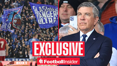 Football Insider exclusive as Rangers fans wave flags in the stands, while chairman Andrew Cavenagh watches from the other side of a split image.