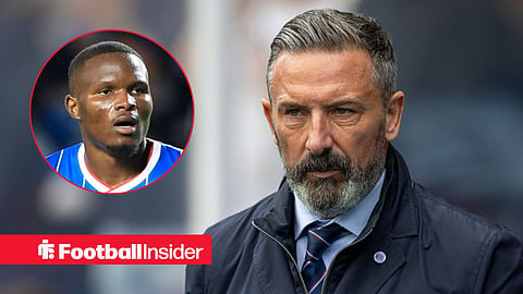Derek McInnes on the sidelines at Rangers, with Olwethu Makhanya in a circular inset