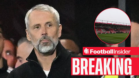 Marco Rose on the sidelines at Bournemouth, with the Vitality Stadium in a circular inset