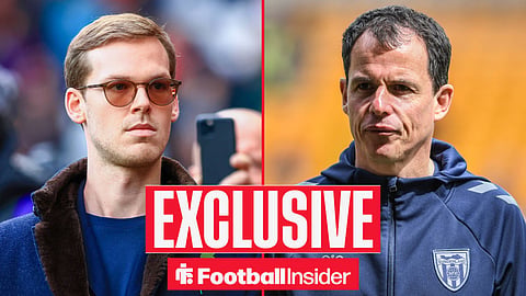 Football Insider as Sunderland owner Kyril Louis-Dreyfus stares across a split image towards manager Regis Le Bris.