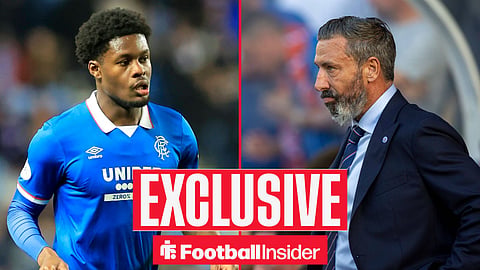 Football Insider exclusive as Rangers midfielder Tochi Chukwuani is in action, while Derek McInnes watches from the other side of a split image.