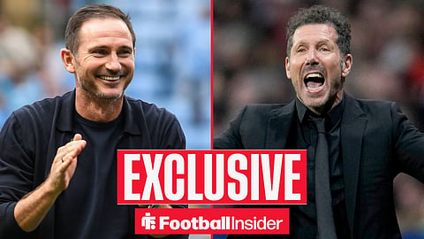 Football Insider exclusive as Coventry manager Frank Lampard smiles across a split image towards Atletico Madrid boss Diego Simeone.