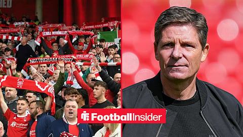 Nottingham Forest fans at the City Ground, with Oliver Glasner on the sidelines