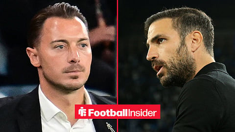 Newcastle manager Matthias Jaissle with Como manager Cesc Fabregas inset