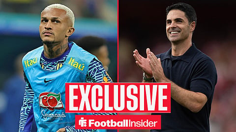 Football Insider exclusive as Roma defender Wesley stares across a split image towards Arsenal manager Mikel Arteta, who applauds.