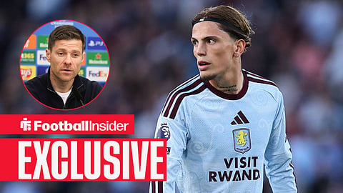 Football Insider exclusive as Aston Villa winger Alejandro Garnacho stares towards Chelsea manager Xabi Alonso, who watches from a circular inset.
