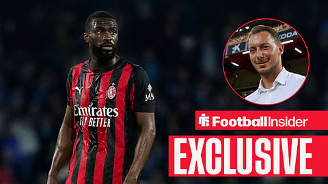 Football Insider exclusive as AC Milan defender Fikayo Tomori stares towards Newcastle manager Matthias Jaissle, who smiles in a circular inset.