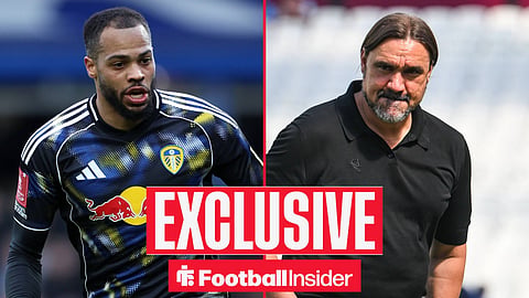 Football Insider exclusive as Leeds striker Lukas Nmecha is in action, while manager Daniel Farke watches from the other side of a split image.