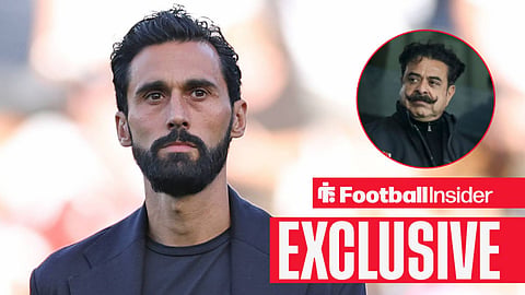 Football Insider exclusive as Fulham manager Alvaro Arbeloa stares towards owner Shahid Khan, who watches from a circular inset.