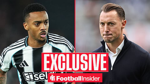 Football Insider exclusive as Newcastle midfielder Joe Willock is in action, while manager Matthias Jaissle watches from the other side of a split image.