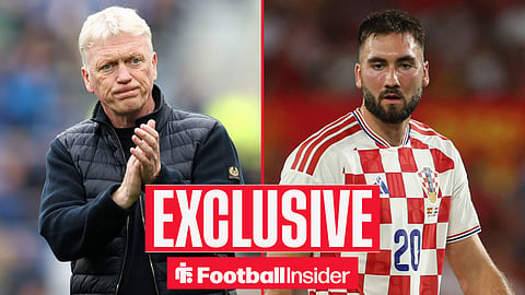 Football Insider exclusive as Everton manager David Moyes applauds, while Dion Beljo is in action on the other side of a split image.
