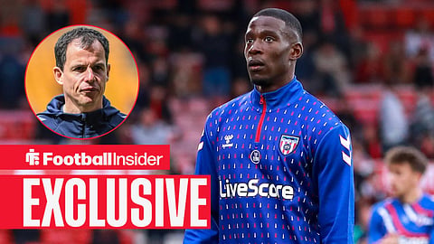 Football Insider exclusive as Sunderland defender Nordi Mukiele stares towards manager Regis Le Bris, who watches from a circular inset.
