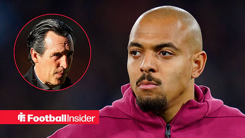 Roma striker Donyell Malen with Aston Villa manager Unai Emery looking concerned inset