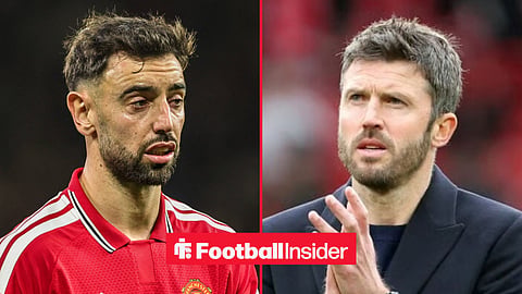 Bruno Fernandes in action for Man United, with Michael Carrick on the sidelines