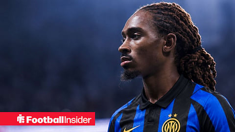 Djed Spence of England, wearing an Inter Milan 26-27 home kit, looks on prior to the FIFA World Cup 2026 semi final football match between England and Argentina