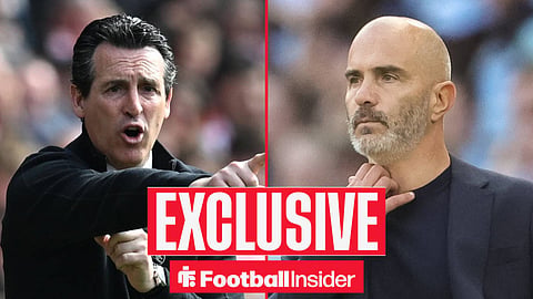 Aston Villa manager Unai Emery points with Man City manager Enzo Maresca inset