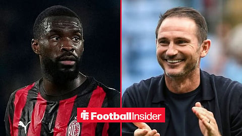 Fikayo Tomori in action for AC Milan, with Frank Lampard on the sidelines at Coventry