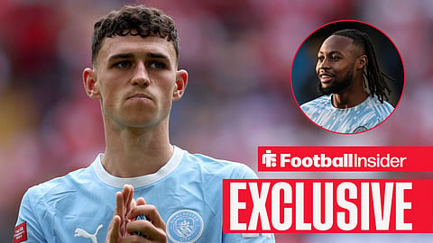 Phil Foden clapping fans with Antoine Semenyo warming up right inset