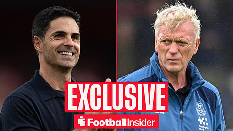Arsenal manager Mikel Arteta smiles and claps, Everton manager David Moyes inset
