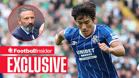 Minsu Kim in action with Derek McInnes on sideline left inset