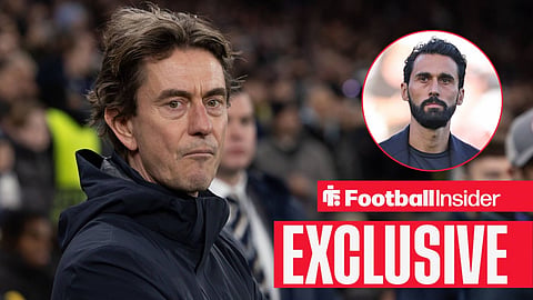 Football Insider exclusive as Thomas Frank stares towards Fulham manager Alvaro Arbeloa watches from a circular inset.