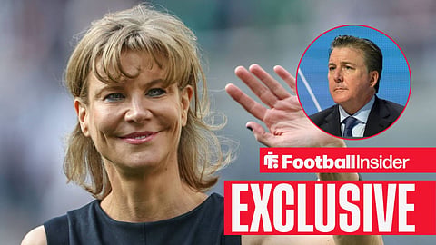 Football Insider exclusive as Amanda Staveley waves towards Everton owner Dan Friedkin, who watches from a circular inset.