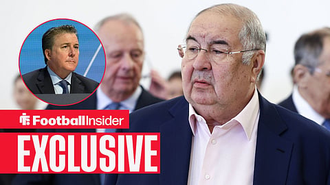 Football Insider exclusive as Alisher Usmanov stares towards Everton owner Dan Friedkin, who watches from a circular inset.