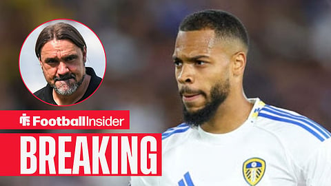 Lukas Nmecha in action for Leeds United, with Daniel Farke in a circular inset