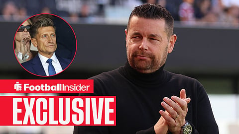 Football Insider exclusive as Crystal Palace manager Pierre Sage applauds, while chairman Steve Parish watches from a circular inset.