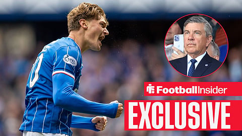 Football Insider exclusive as Rangers striker Ryan Naderi celebrates a goal, while chairman Andrew Cavenagh watches from a circular inset.