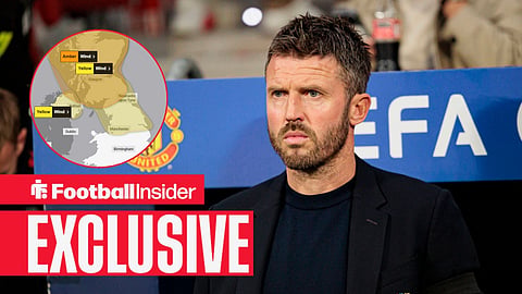 Man United manager Michael Carrick with Storm Boelo warning inset