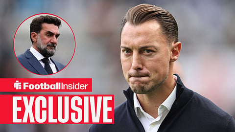 Football Insider exclusive as Newcastle manager Matthias Jaissle stares nervously towards chairman Yasir Al Rumayyan, who watches from a circular inset.