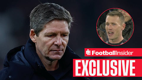 Nottingham Forest manager Oliver Glasner looks angry with referee Thomas Bramall in Ipswich vs Nottingham Forest inset