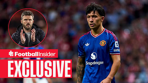 Football Insider exclusive as Manchester United defender Lisandro Martinez stares towards manager Michael Carrick, who watches from a circular inset.