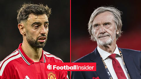 Bruno Fernandes in action for Man United, with Jim Ratcliffe on the sidelines