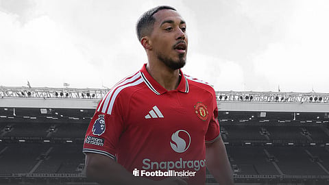 Man United midfielder Youri Tielemans with black and white Old Trafford background