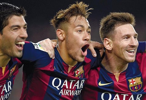 Triple joy: The Barcelona front three have been in stunning form this season