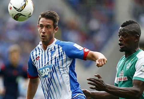 TSG 1899 Hoffenheim's Mark-Alexander Uth (L) challenges Werder Bremen's Assani Lukimya during their German Bundesliga first division soccer match in Sinsheim, Germany, September 13, 2015.   REUTERS/Ralph Orlowski  DFL RULES TO LIMIT THE ONLINE USAGE DURING MATCH TIME TO 15 PICTURES PER GAME. IMAGE SEQUENCES TO SIMULATE VIDEO IS NOT ALLOWED AT ANY TIME. FOR FURTHER QUERIES PLEASE CONTACT DFL DIRECTLY AT + 49 69 650050  
Picture Supplied by Action Images