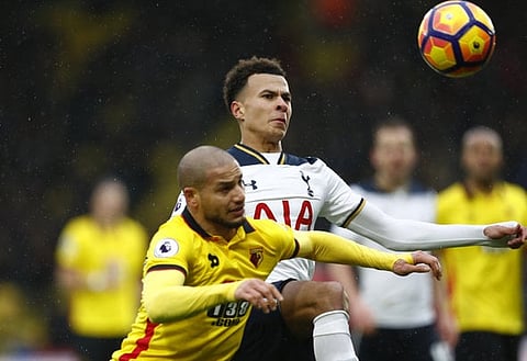 Britain Football Soccer - Watford v Tottenham Hotspur - Premier League - Vicarage Road - 1/1/17 Watford's Adlene Guedioura in action with Tottenham's Dele Alli  Reuters / Eddie Keogh Livepic EDITORIAL USE ONLY. No use with unauthorized audio, video, data, fixture lists, club/league logos or "live" services. Online in-match use limited to 45 images, no video emulation. No use in betting, games or single club/league/player publications.  Please contact your account representative for further details.