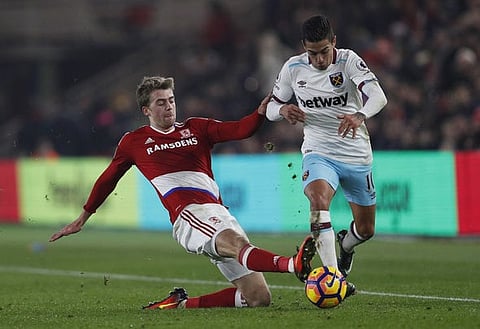 Britain Soccer Football - Middlesbrough v West Ham United - Premier League - The Riverside Stadium - 21/1/17 Middlesbrough's Patrick Bamford in action with West Ham United's Manuel Lanzini  Action Images via Reuters / Lee Smith Livepic EDITORIAL USE ONLY. No use with unauthorized audio, video, data, fixture lists, club/league logos or "live" services. Online in-match use limited to 45 images, no video emulation. No use in betting, games or single club/league/player publications.  Please contact your account representative for further details.