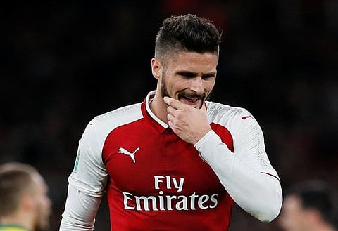 Soccer Football - Carabao Cup Fourth Round - Arsenal vs Norwich City - Emirates Stadium, London, Britain - October 24, 2017   Arsenal's Olivier Giroud looks dejected       REUTERS/David Klein  EDITORIAL USE ONLY. No use with unauthorized audio, video, data, fixture lists, club/league logos or "live" services. Online in-match use limited to 75 images, no video emulation. No use in betting, games or single club/league/player publications.  Please contact your account representative for further details.