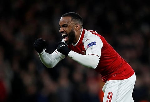 Soccer Football - Europa League Quarter Final First Leg - Arsenal vs CSKA Moscow - Emirates Stadium, London, Britain - April 5, 2018   Arsenal's Alexandre Lacazette celebrates scoring their fourth goal    REUTERS/Eddie Keogh