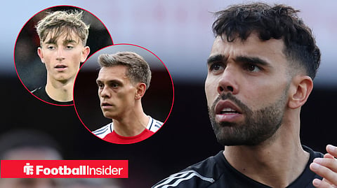 Dean Huijsen and Leandro Trossard react as David Raya arrives at new destination